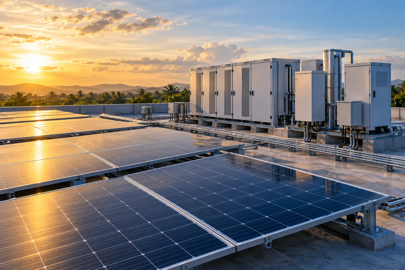 Illustrative solar panels and energy equipment at sunset